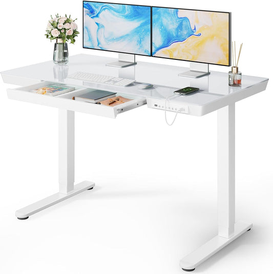 Glass Standing Desk with Drawer, 48 X 24 Inch Electric Standing Desk,