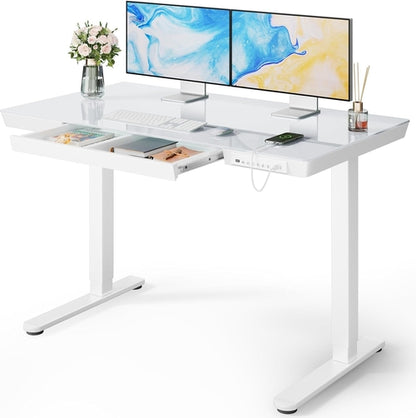 Glass Standing Desk with Drawer, 48 X 24 Inch Electric Standing Desk,