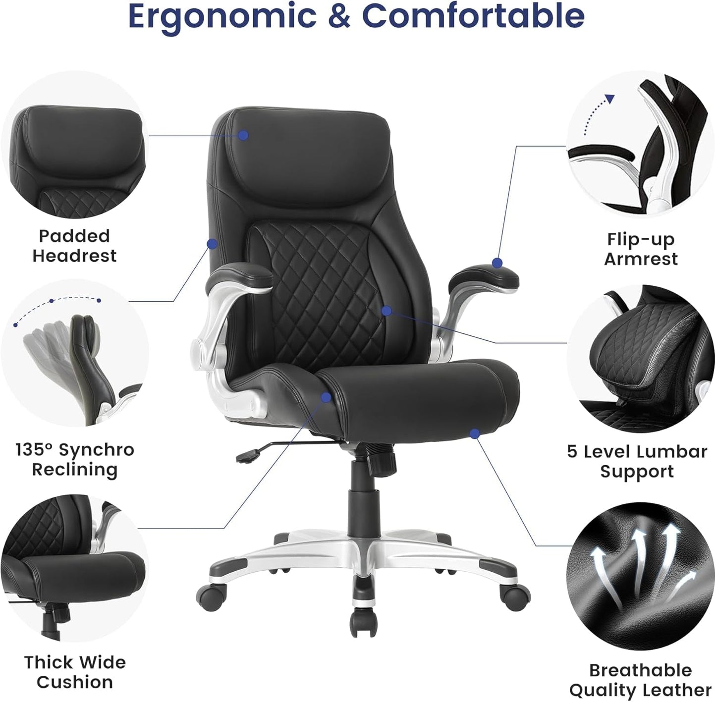 Ergonomic Office Chair Premium Microfiber Leather Adjustable Lumbar