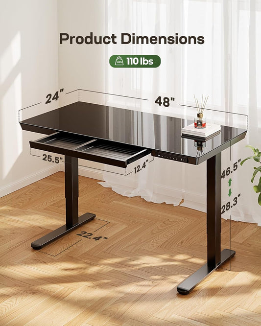 Glass Standing Desk with Drawer, 48 X 24 Inch Electric Standing Desk,