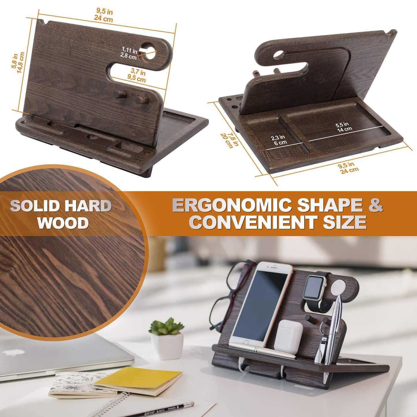 Wood Phone Docking Station Ash Key Holder Wallet Stand Watch Organizer