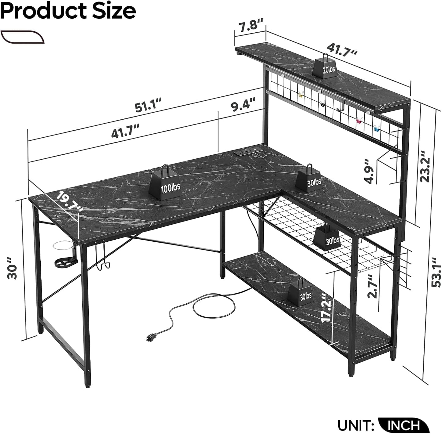 Gaming Desk 51" L-Shaped, with Power Outlets & LED Lights- 4 Tier