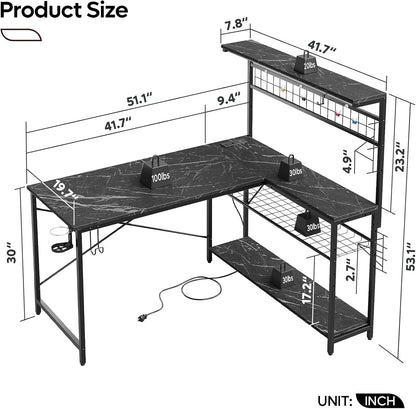 Gaming Desk 51" L-Shaped, with Power Outlets & LED Lights- 4 Tier