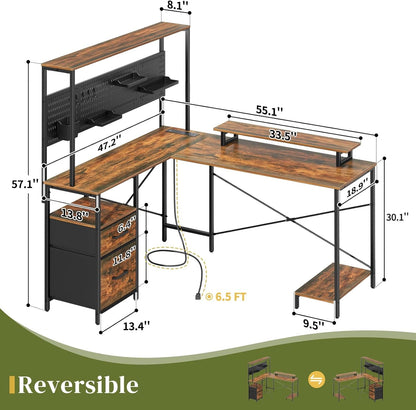 L Shaped Desk with Pegboard, Reversible Computer Desk with Drawers &