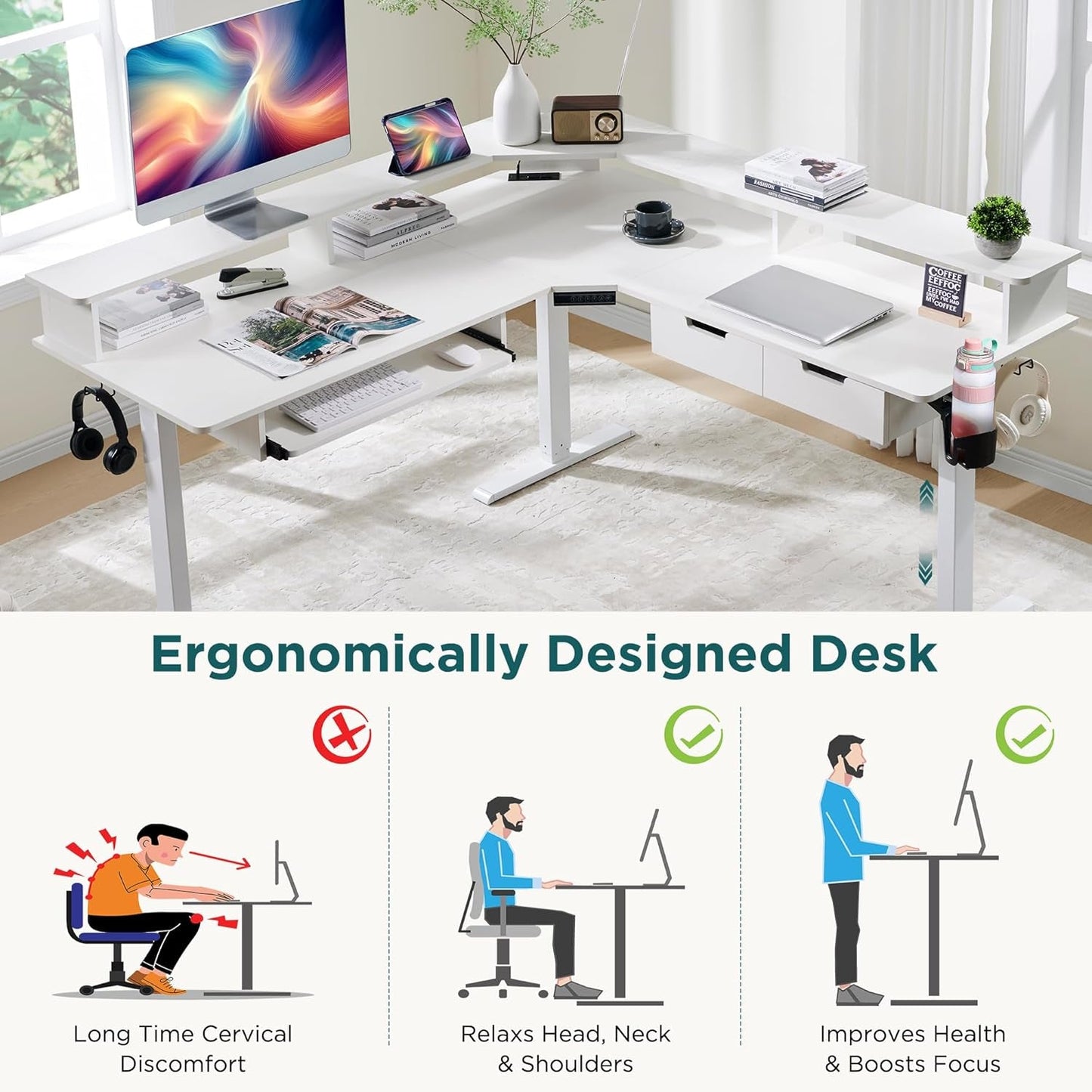 60 Inches L Shaped Electric Standing Desk, Height Adjustable Corner
