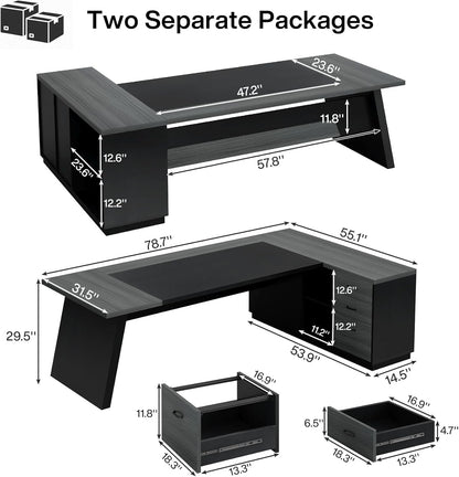 78" L-Shaped Executive Desk, Large Modern Office Desk with Drawers and