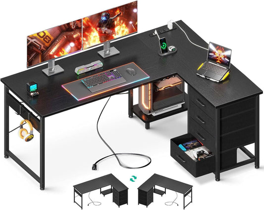L Shaped Gaming Desk with 4 Drawers, 53" Reversible Home Office Desks