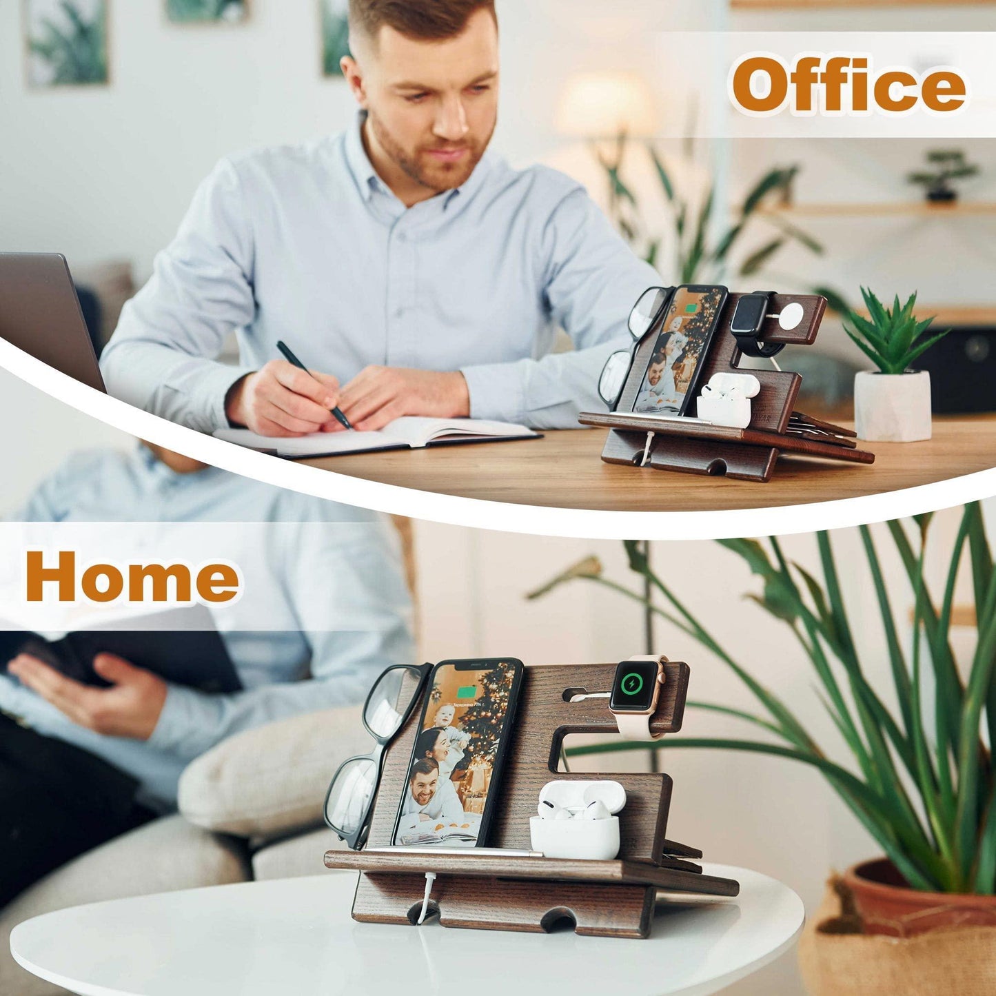 Wood Phone Docking Station Ash Key Holder Wallet Stand Watch Organizer