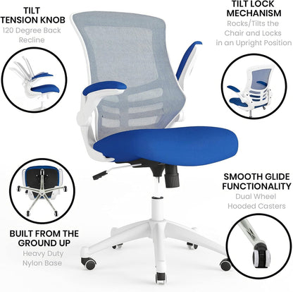 Kelista Office Chair, Ergonomic, Mid-Back, White Frame, Blue Mesh with