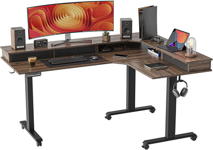 Triple Motor 63″ L Shaped Standing Desk with 3 Drawers, Electric,