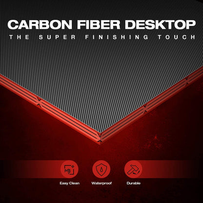 Close-up of carbon fiber desktop highlighting easy clean, waterproof, and durable features for a gaming desk.