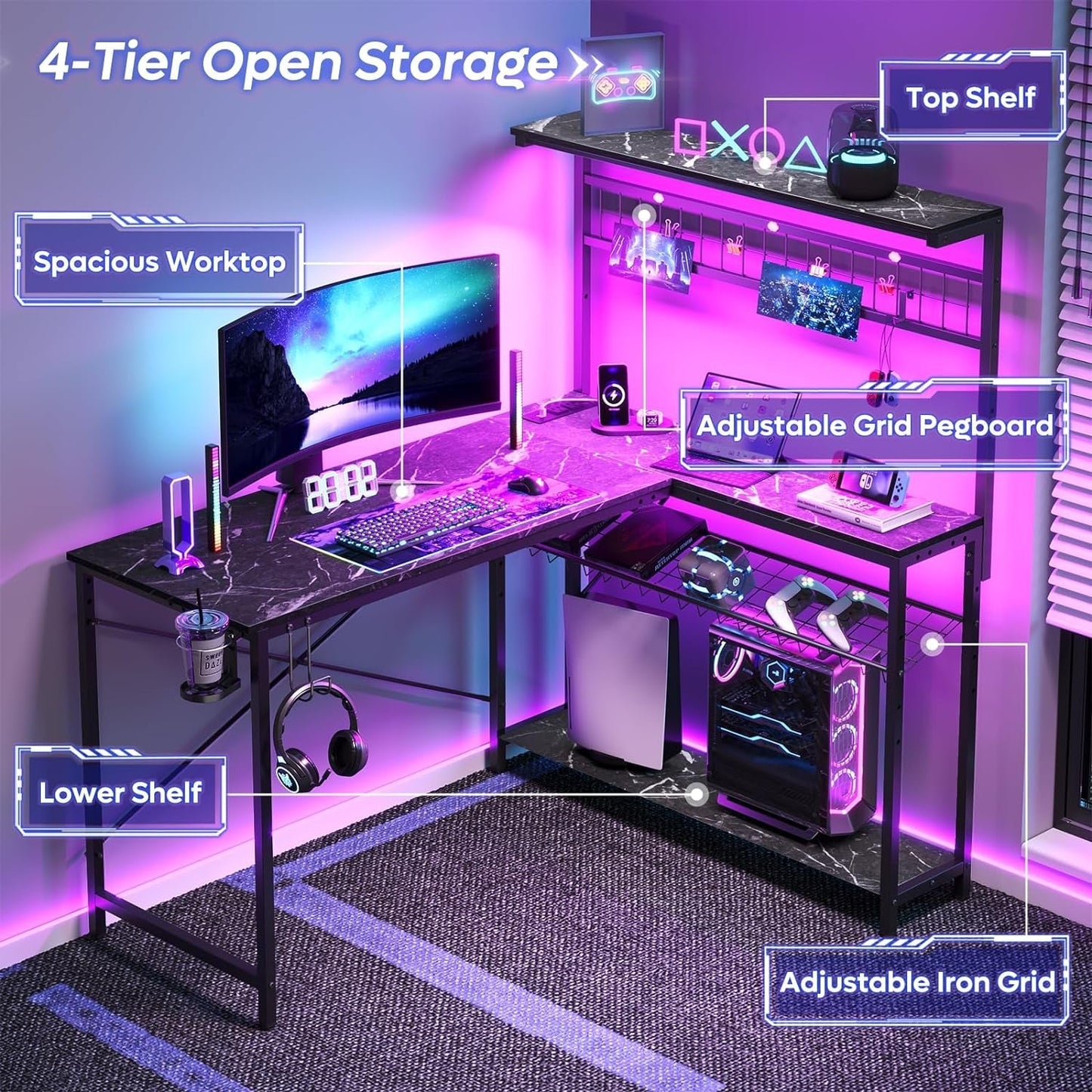 Gaming Desk 51" L-Shaped, with Power Outlets & LED Lights- 4 Tier