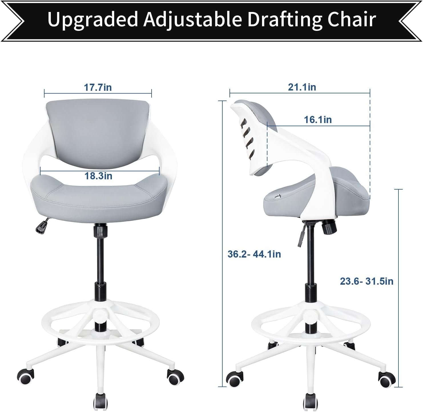 Adjustable Drafting Chair dimensions showcasing ergonomic design for optimal comfort and support in workspace.