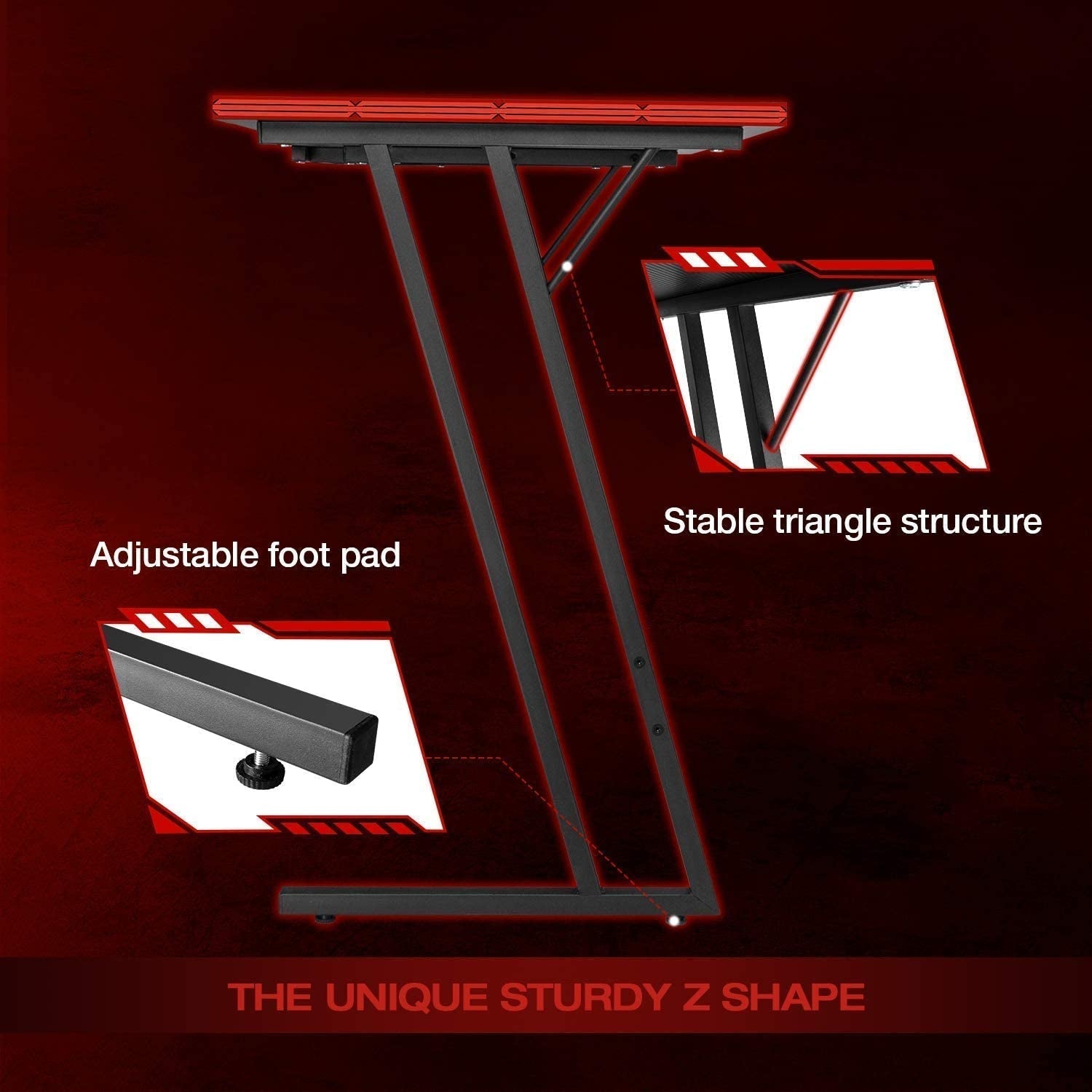 Features of the L shaped gaming desk: adjustable foot pad and stable triangle structure for enhanced stability.