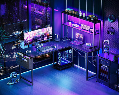 L Shaped Desk Gaming Desk with LED Light & Power Outlet, 53 Inch