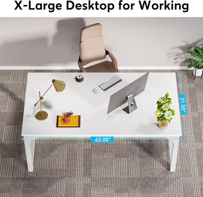 63 Inch Large Executive Computer Office Desk, White