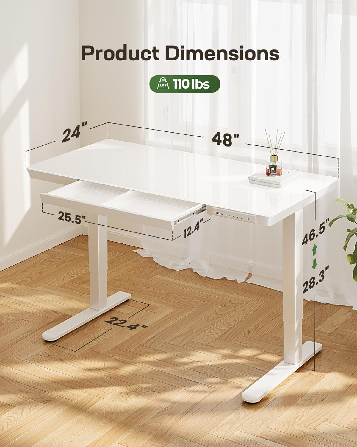 Glass Standing Desk with Drawer, 48 X 24 Inch Electric Standing Desk,