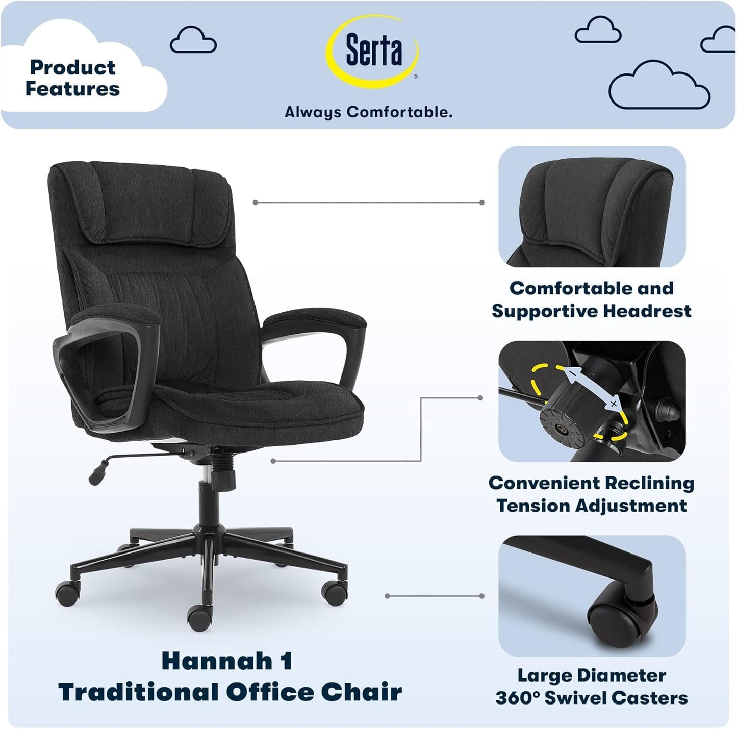 Serta Hannah Executive Home Office Desk Chair, Ergonomic Mid-Back with