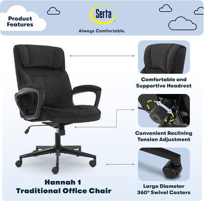 Serta Hannah Executive Home Office Desk Chair, Ergonomic Mid-Back with