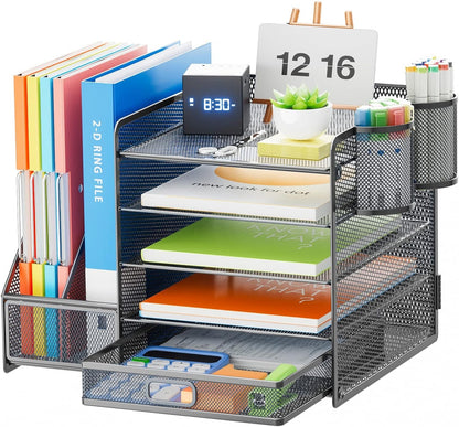Grey 5-Tier Mesh Desk Organizer with Drawer