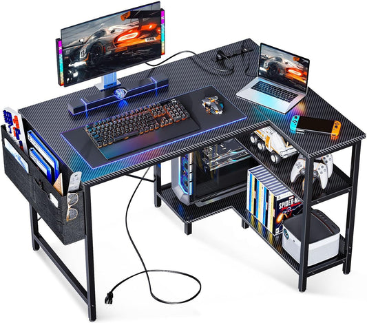 40 Inch Small L Shaped Gaming Computer Desk with Power Outlets, Corner