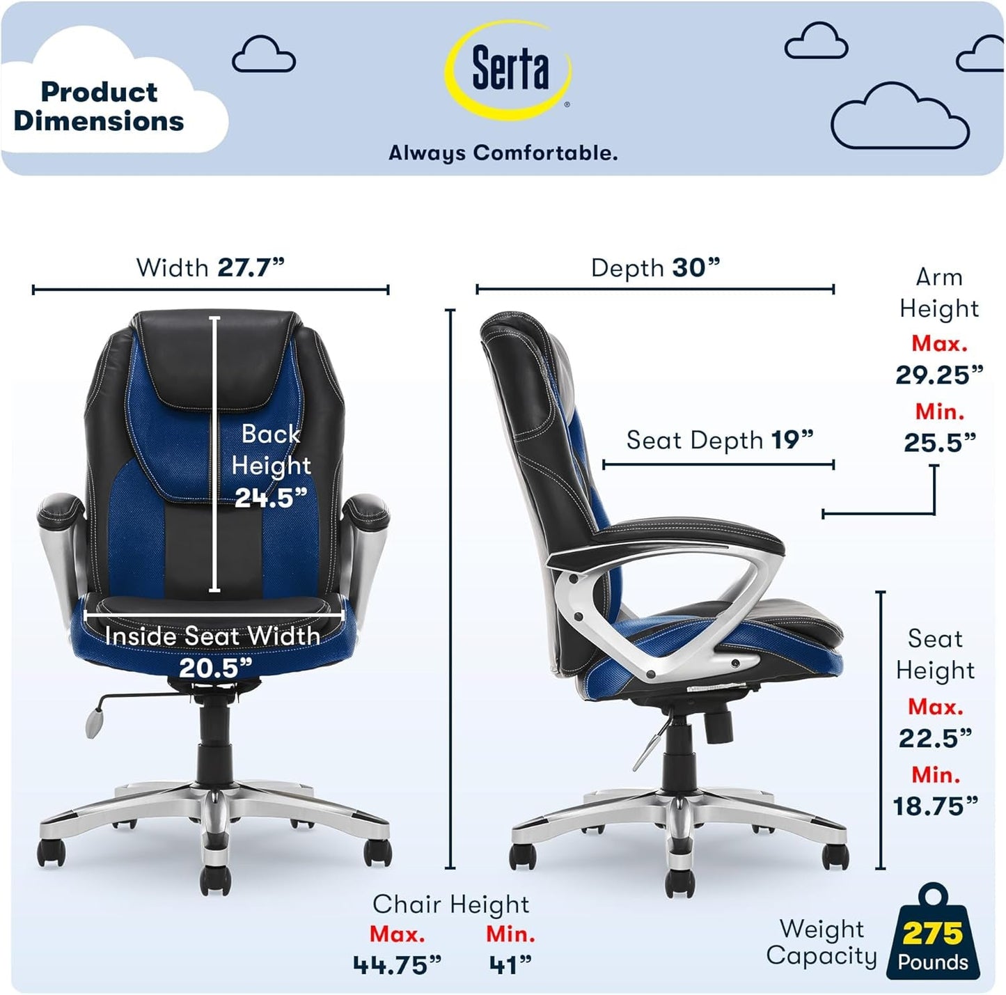 Serta Executive Office Padded Arms, Adjustable Ergonomic Gaming Desk Chair