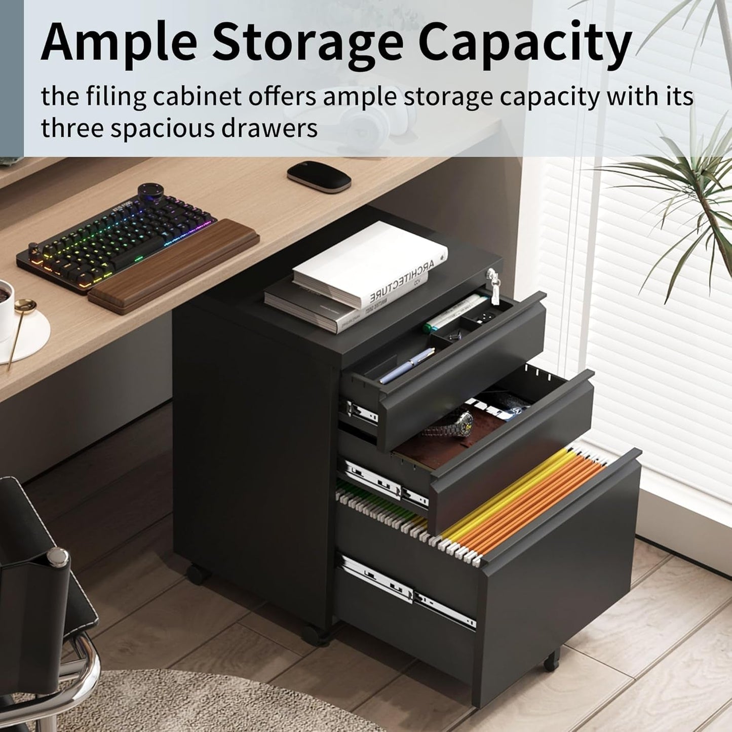 3 Drawer File Cabinet for Home Office, under Desk Mobile Filing