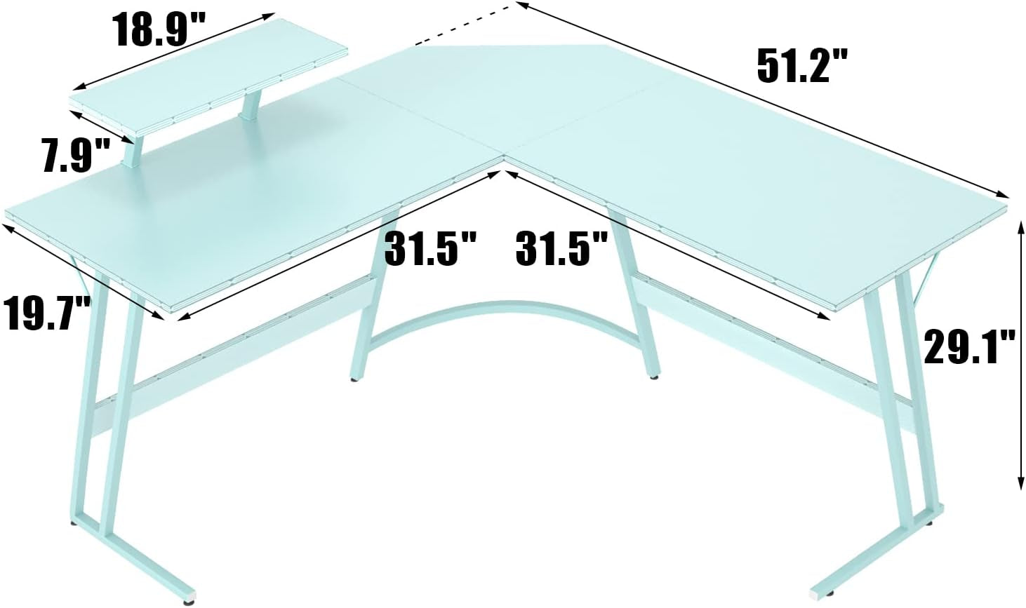 L shaped gaming desk dimensions: 51.2" x 31.5" with an elevated shelf for monitors, designed for corner space utilization.
