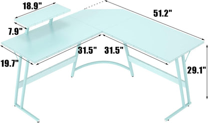 L shaped gaming desk dimensions: 51.2" x 31.5" with an elevated shelf for monitors, designed for corner space utilization.