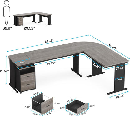 83 Inch L-Shaped Office Desk, Large Executive Computer Desk with