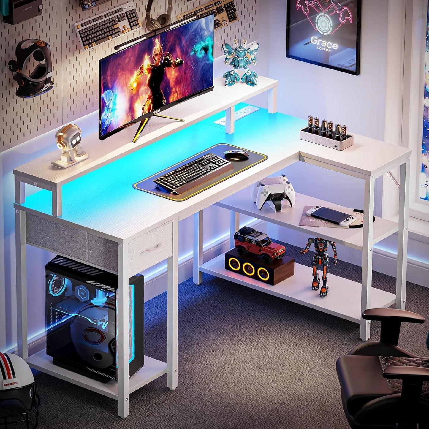 47" White L Desk LED Power Drawer