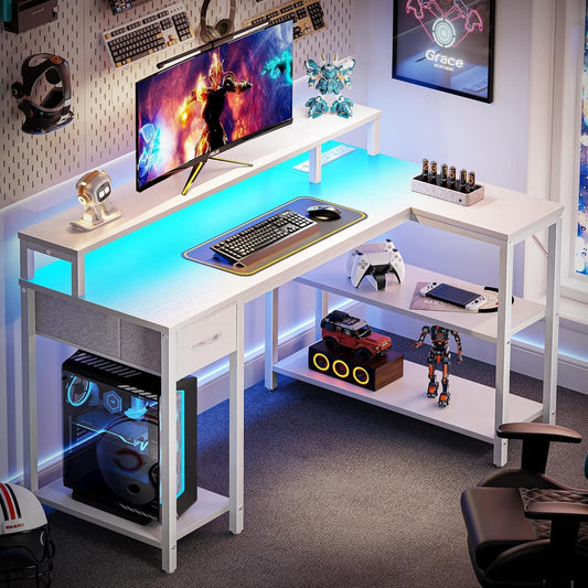 47" White L Desk LED Power Drawer