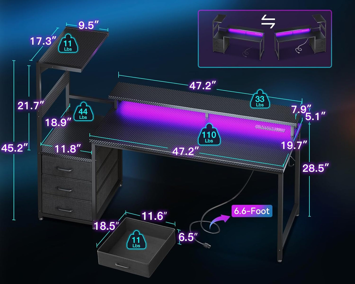 59 Inch Gaming Desk with USB Charging Ports & LED Light- Reversible