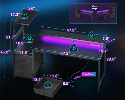 59 Inch Gaming Desk with USB Charging Ports & LED Light- Reversible