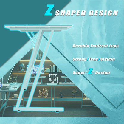 Z shaped gaming desk design featuring durable footrest legs and stylish construction for enhanced stability and aesthetic appeal.