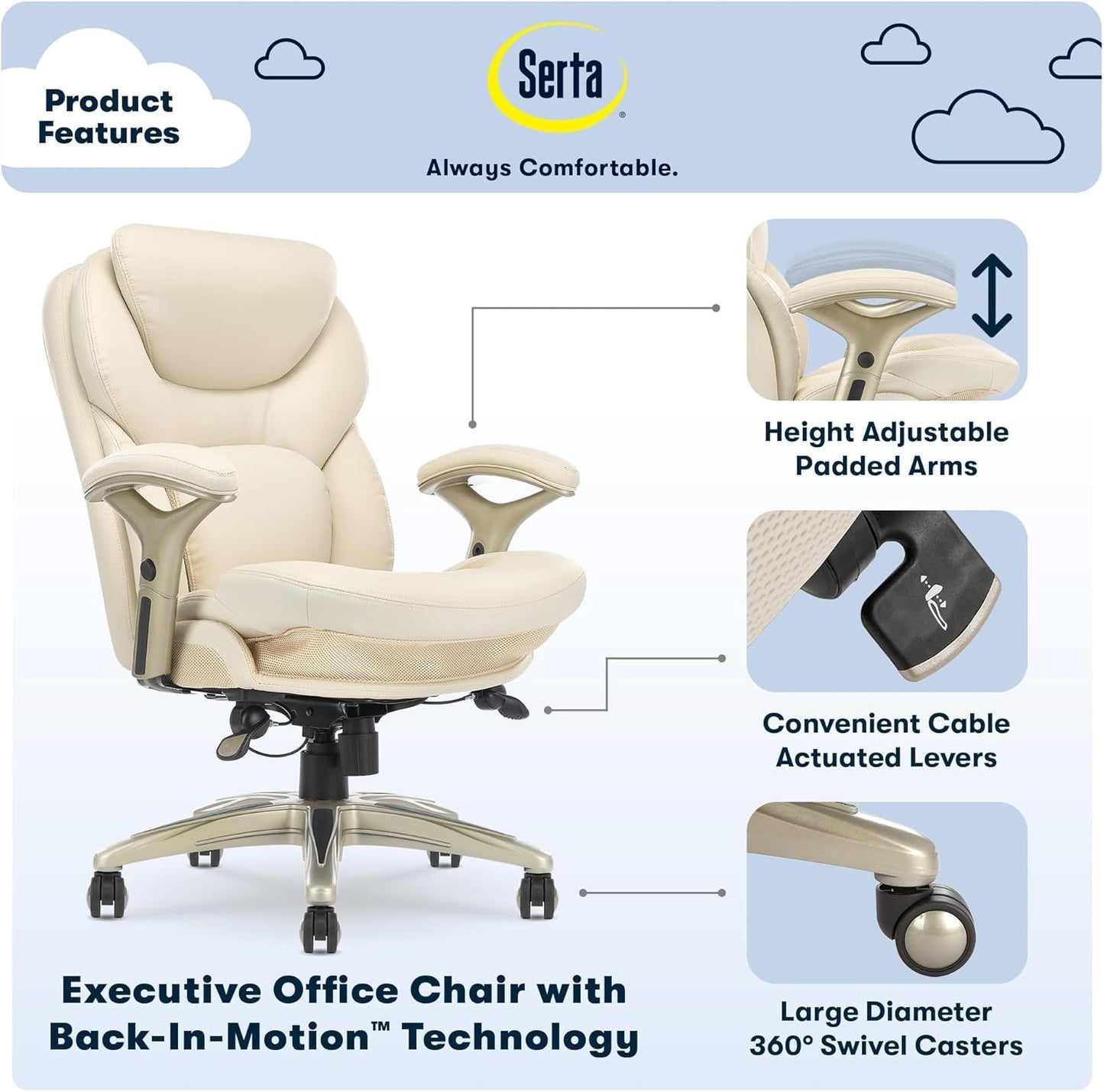 Serta Ergonomic Executive Office Chair Motion Technology Adjustable Mid Back