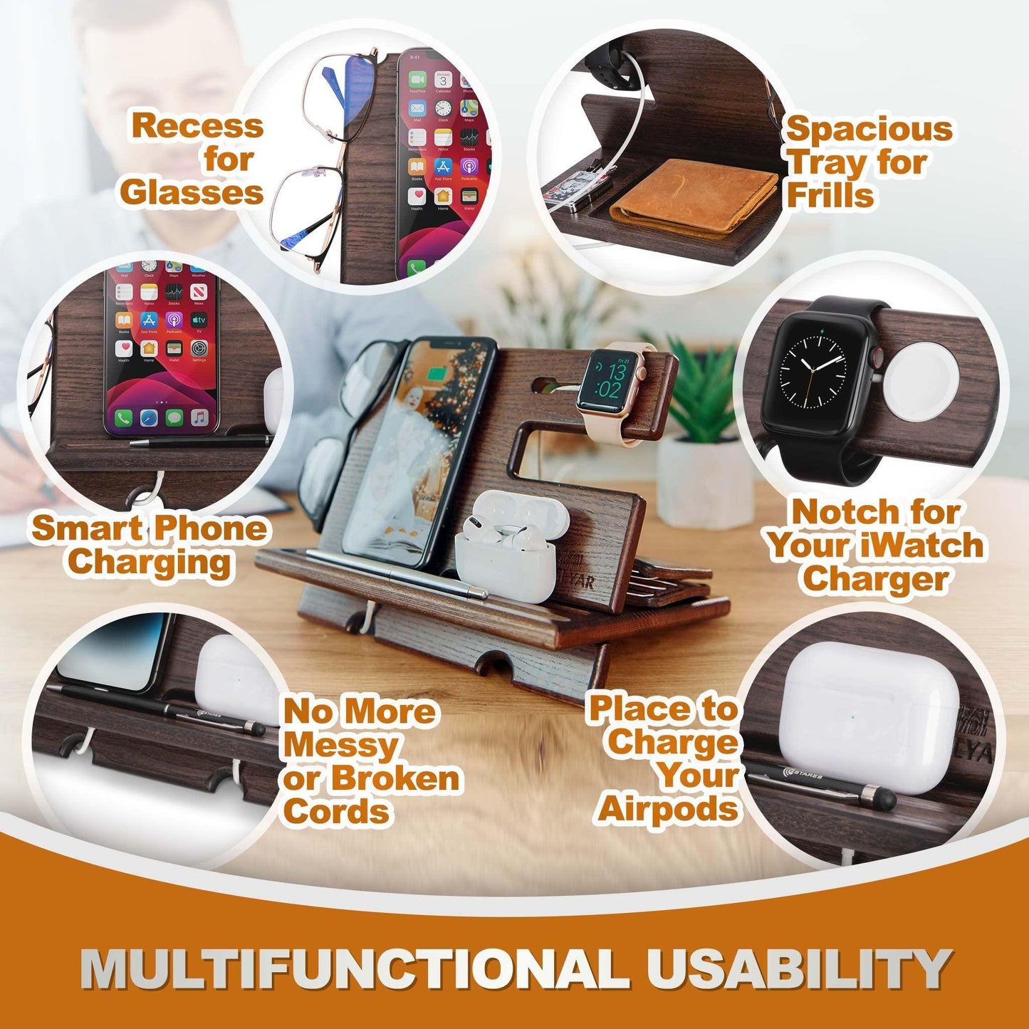 Wood Phone Docking Station Ash Key Holder Wallet Stand Watch Organizer