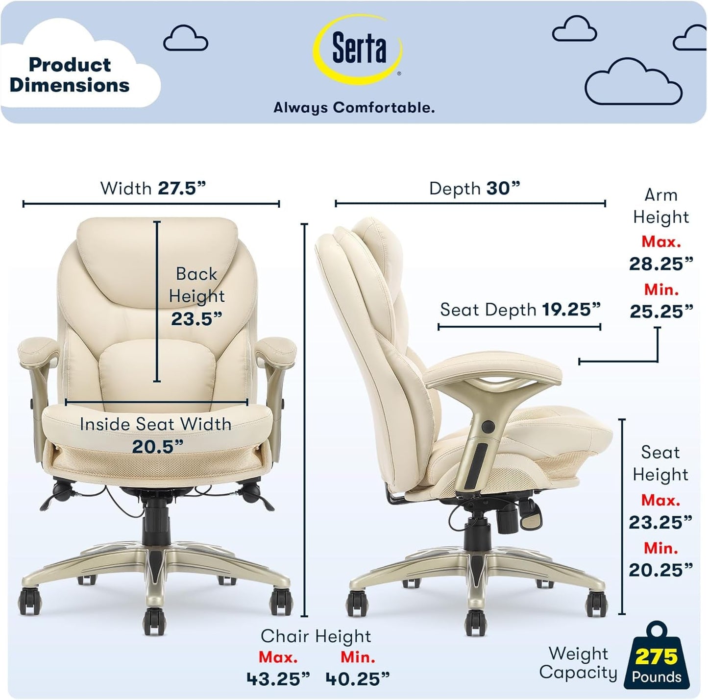 Serta Ergonomic Executive Office Chair Motion Technology Adjustable Mid Back