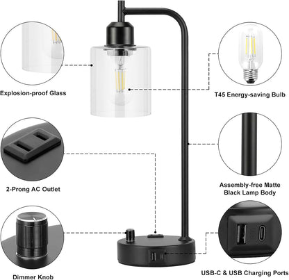 Industrial Nightstand Lamps for Bedrooms Set of 2 - Fully Dimmable