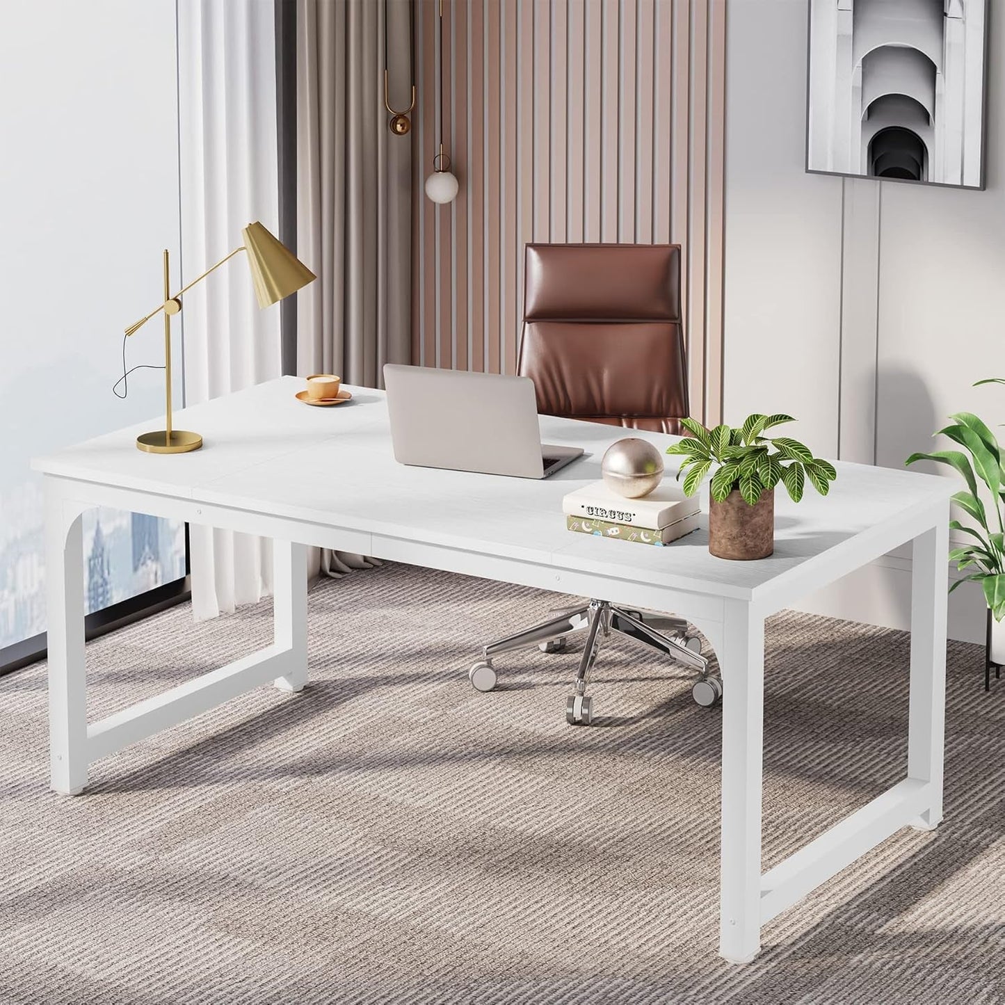 63 Inch Large Executive Computer Office Desk, White