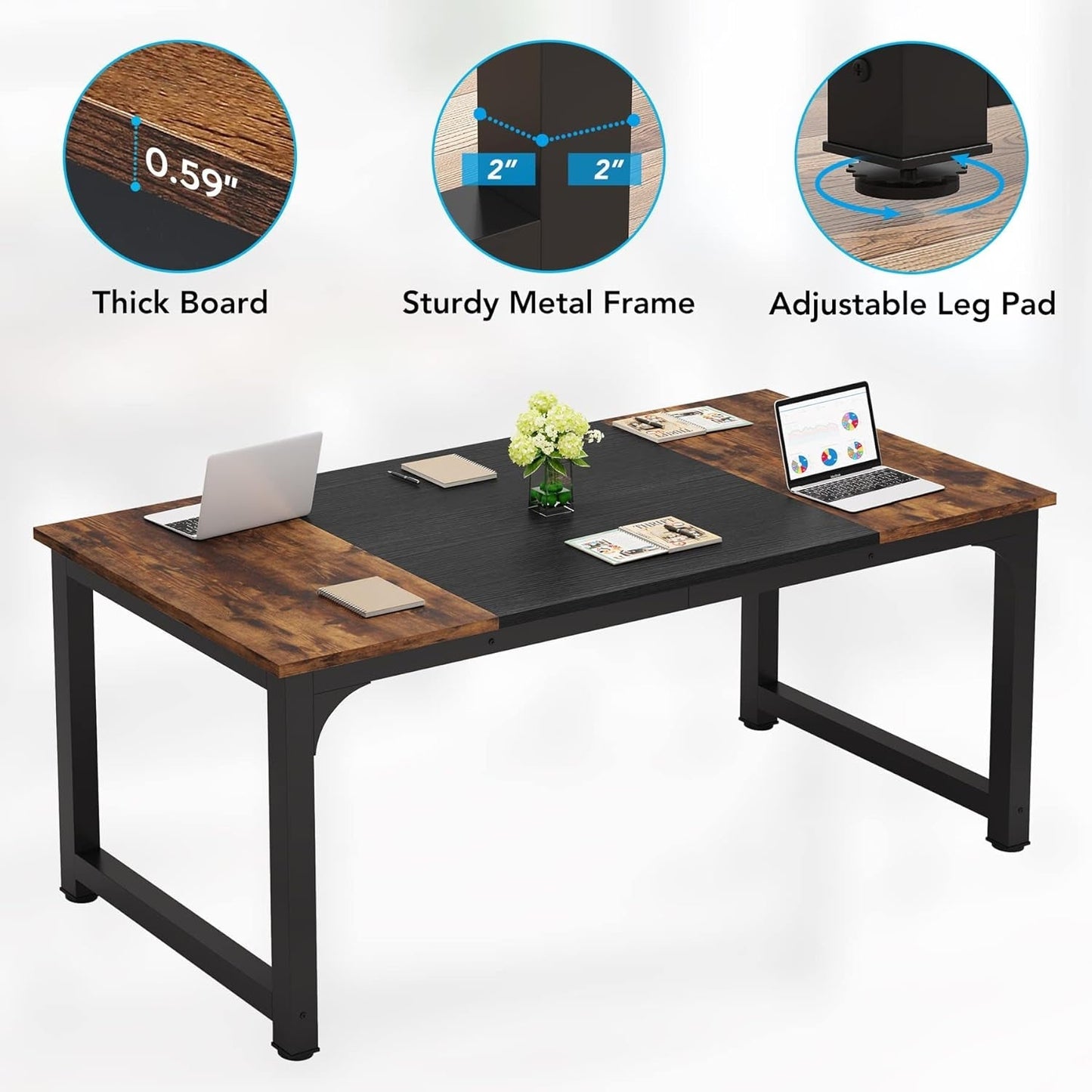 63 Inch Large Executive Computer Office Desk, Brown+Black