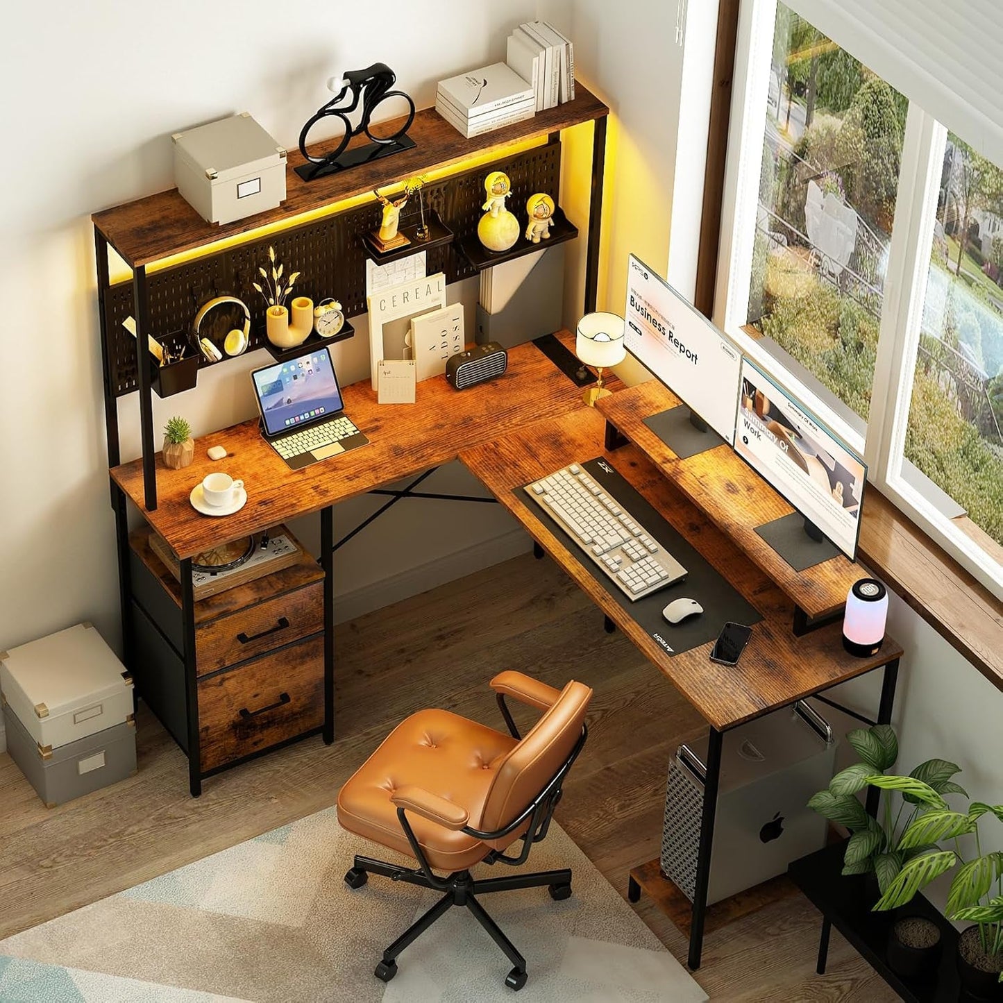 L Shaped Desk with Pegboard, Reversible Computer Desk with Drawers &