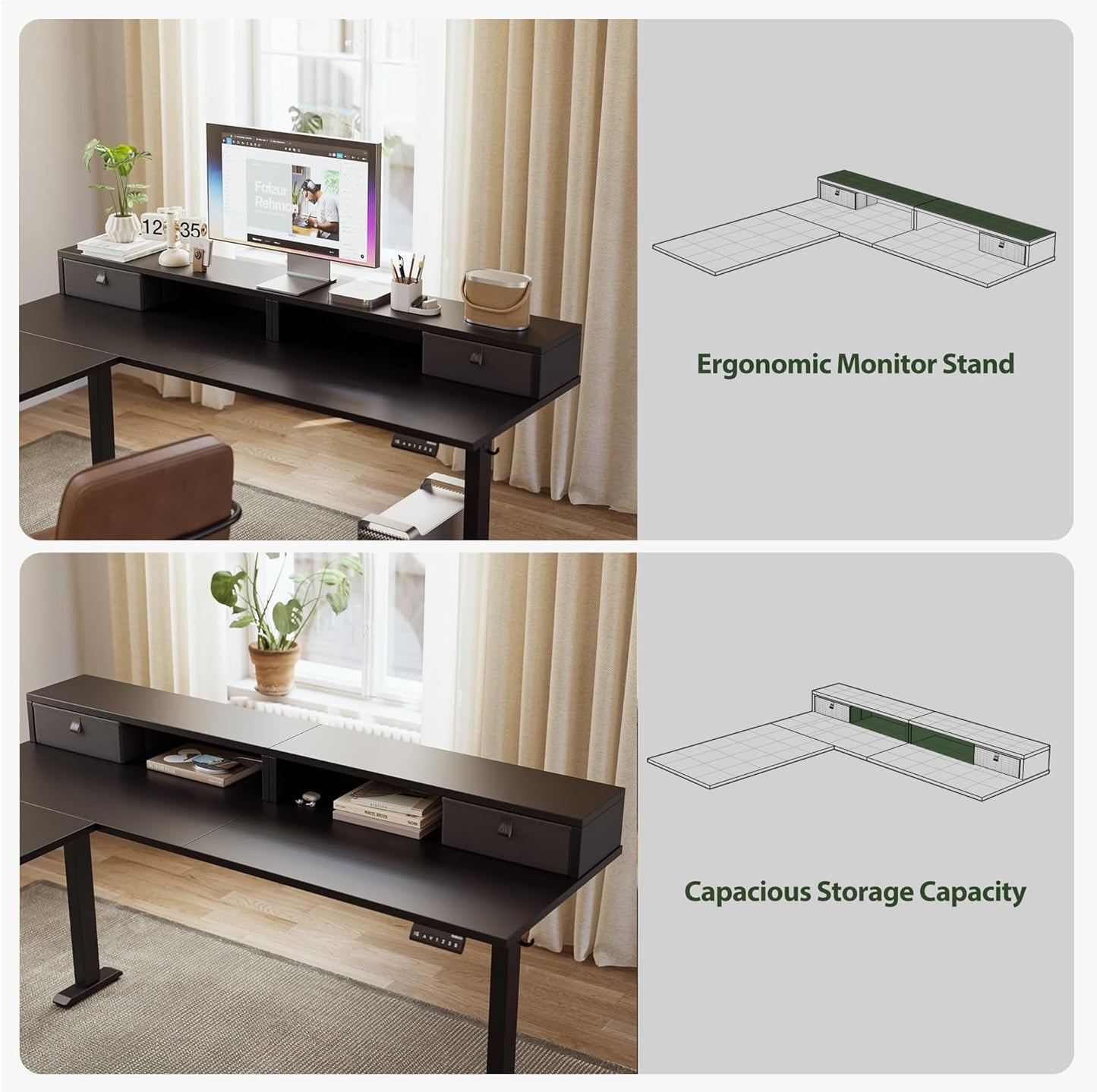 L Shaped Electric Standing Desk with 2 Drawers, 63 Inch Ergonomic