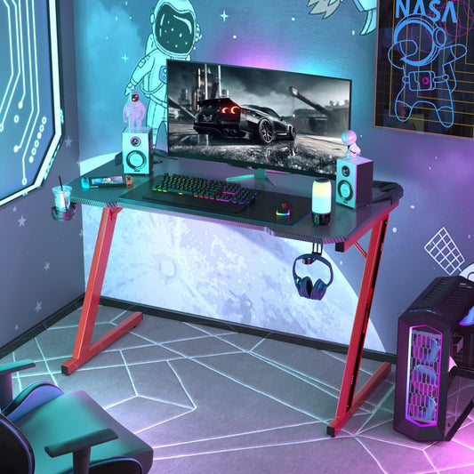 Gaming Computer Desk with Carbon Fiber Surface, Gaming Table Z Shaped