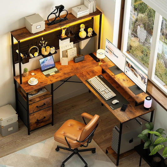 L Shaped Desk with Pegboard, Reversible Computer Desk with Drawers &