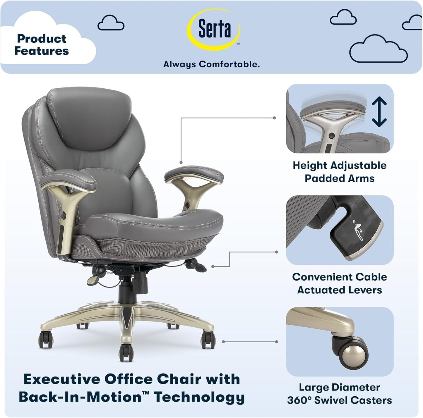 Serta Ergonomic Executive Office Chair Motion Technology Adjustable Mid Back
