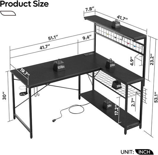 51" L-Shaped Gaming Desk with LED & Power