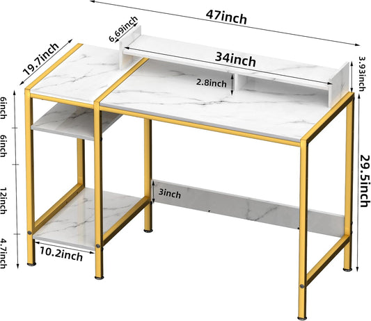 Gaming Desk with Monitor Stand, Storage and Marble Design - Adjustable