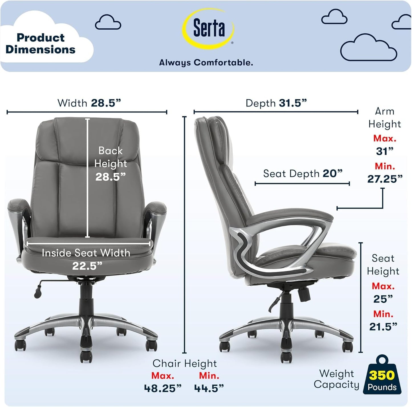 Serta Fairbanks Big and Tall High Back Executive Office Chair, Ergonomic