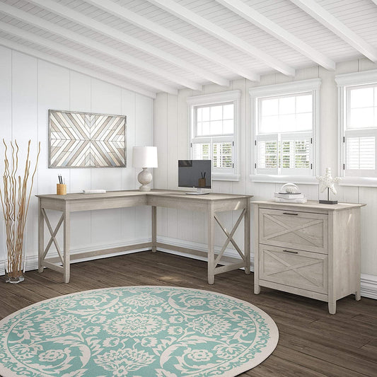 Bush Key West Washed Gray L-Shaped Desk W/ File Cabinet
